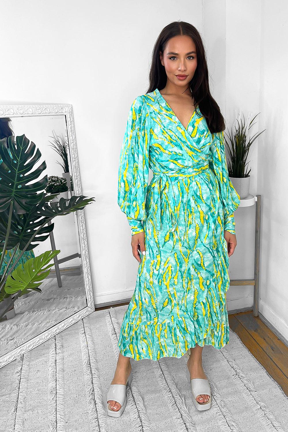 Mixed Abstract Print Wrap Over Midi Dress-SinglePrice