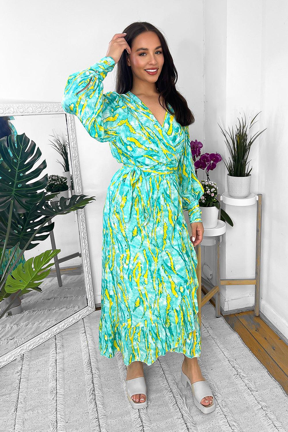 Mixed Abstract Print Wrap Over Midi Dress-SinglePrice