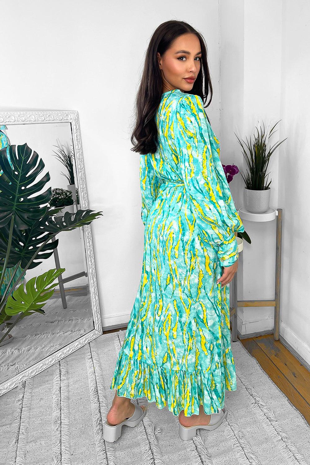 Mixed Abstract Print Wrap Over Midi Dress-SinglePrice