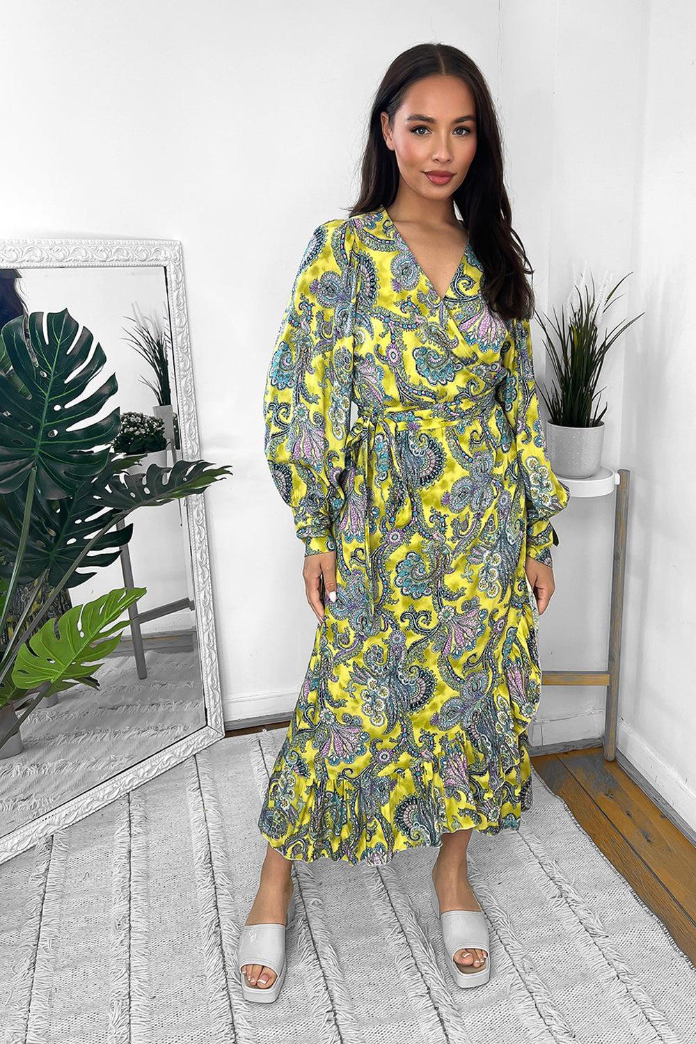 Paisley Print Wrap Over Midi Dress-SinglePrice