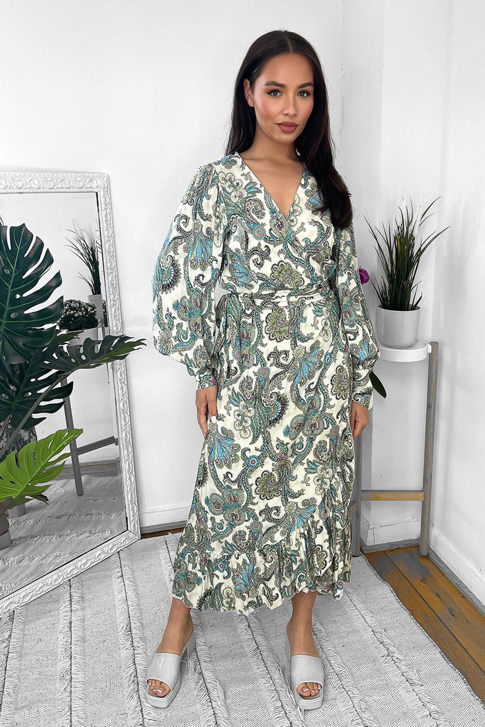Paisley Print Wrap Over Midi Dress-SinglePrice