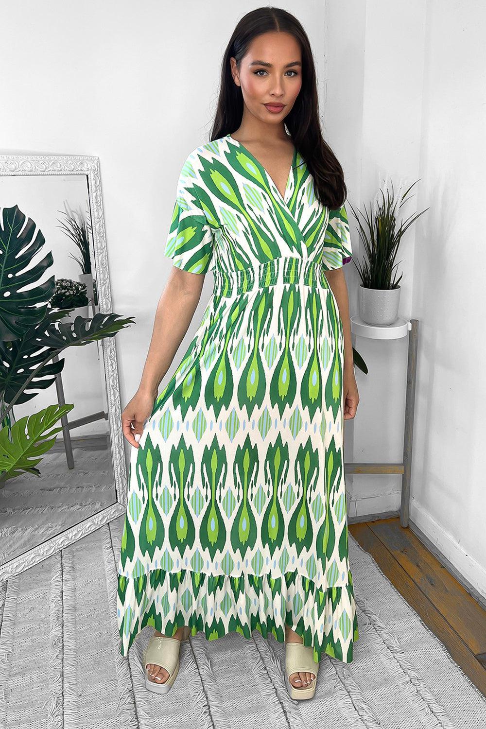 Green And White Kaleidoscope Print Shirred Waist Maxi Dress-SinglePrice