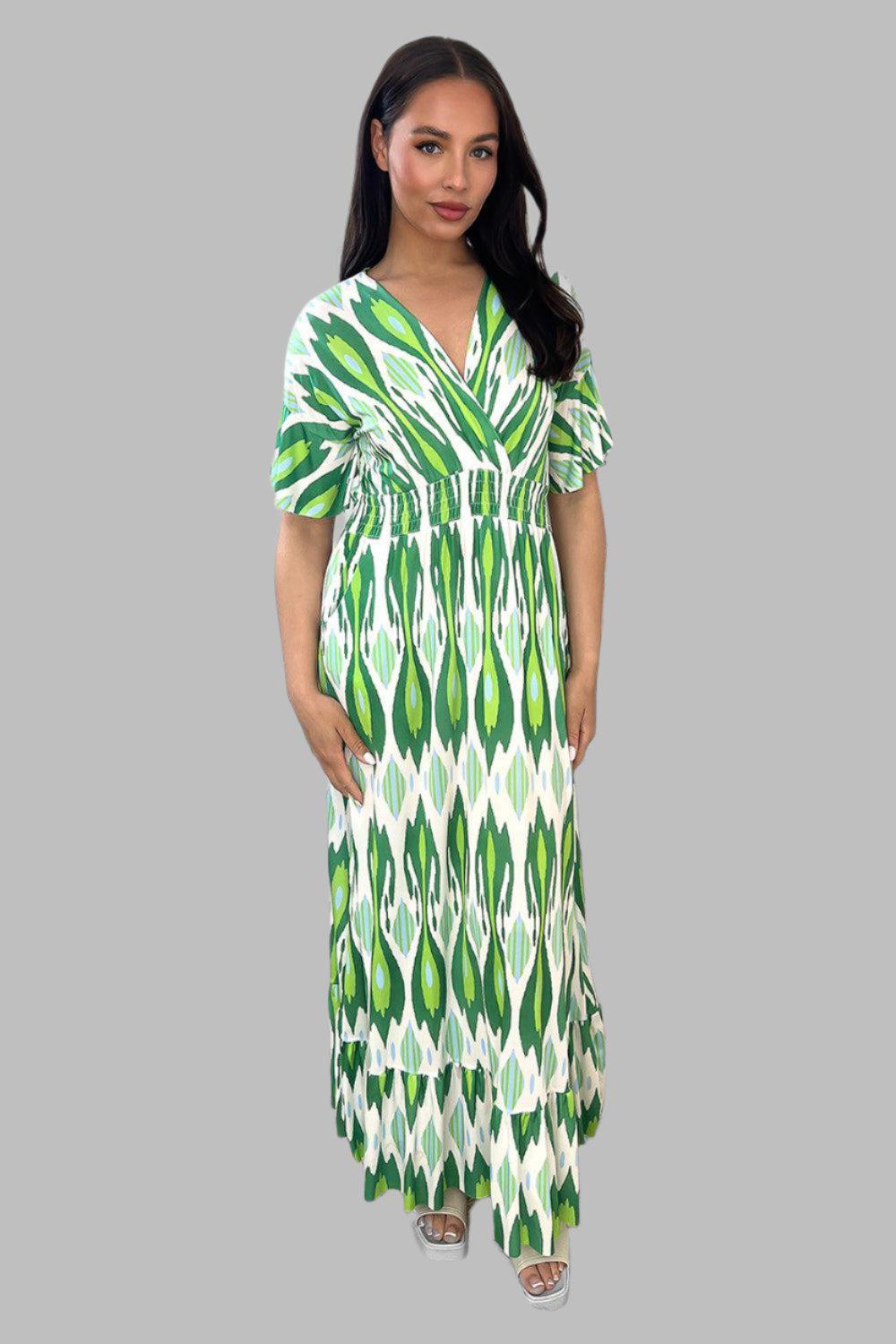 Green And White Kaleidoscope Print Shirred Waist Maxi Dress-SinglePrice