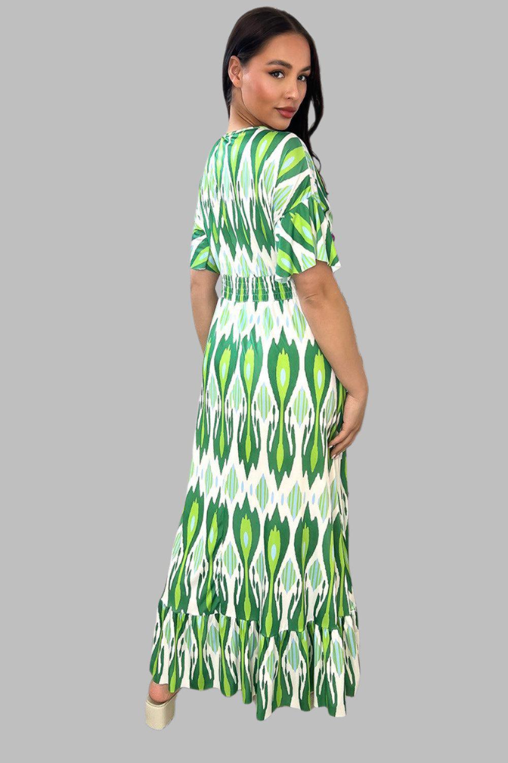 Green And White Kaleidoscope Print Shirred Waist Maxi Dress-SinglePrice