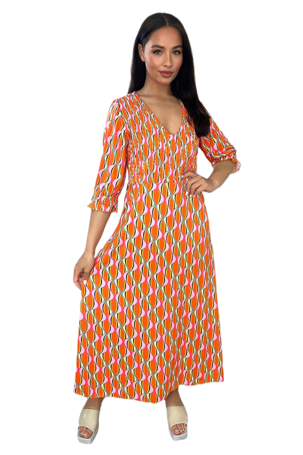 Abstract Print Shirred Top V-neck Midi Dress-SinglePrice