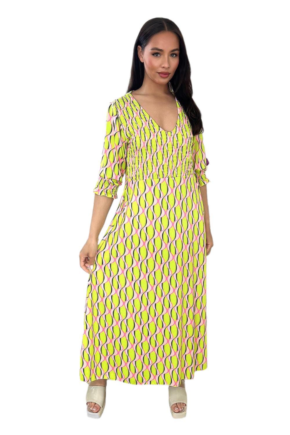Abstract Print Shirred Top V-neck Midi Dress-SinglePrice