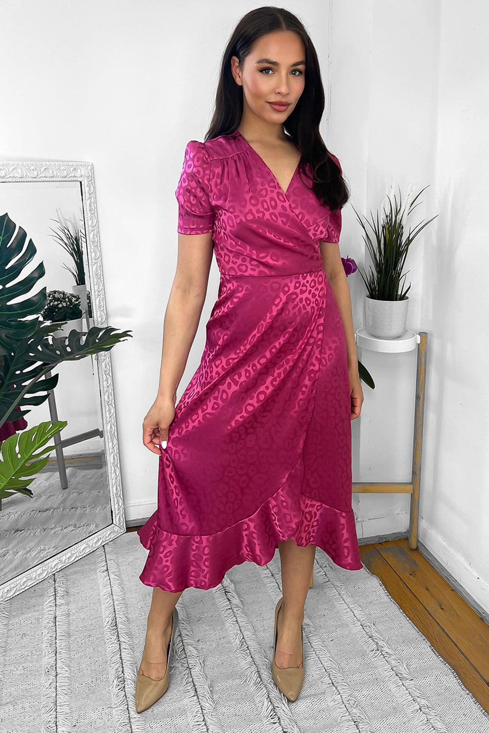 Fuschia Leopard Print Wrap Midi Dress-SinglePrice
