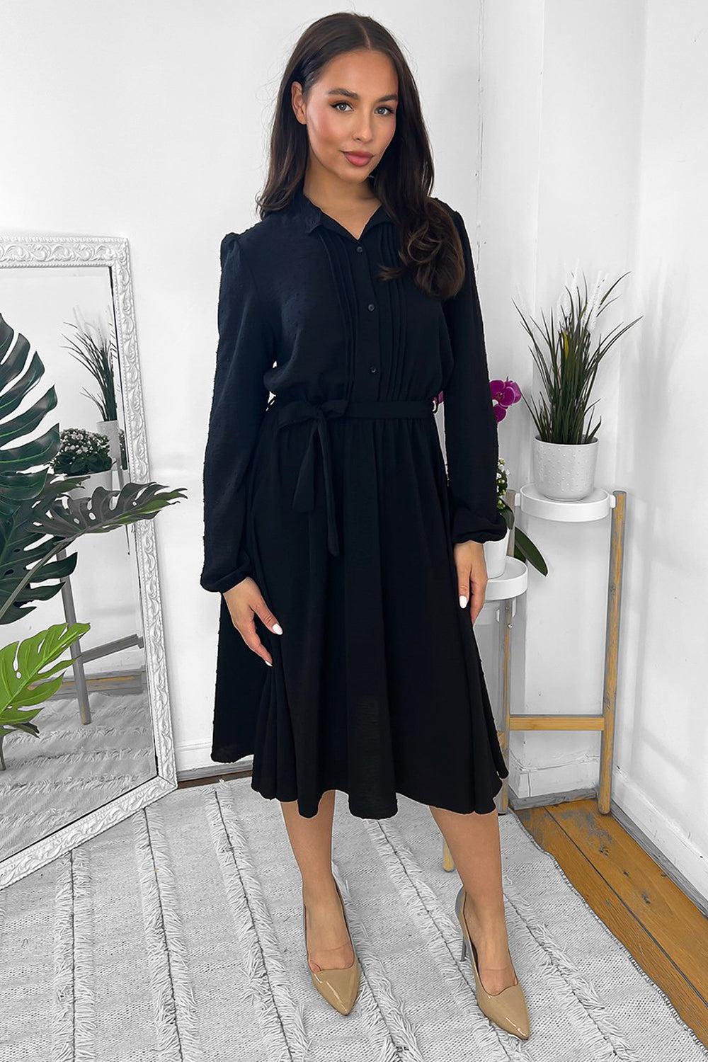Pleated Details Dotted High Neck Midi Dress-SinglePrice