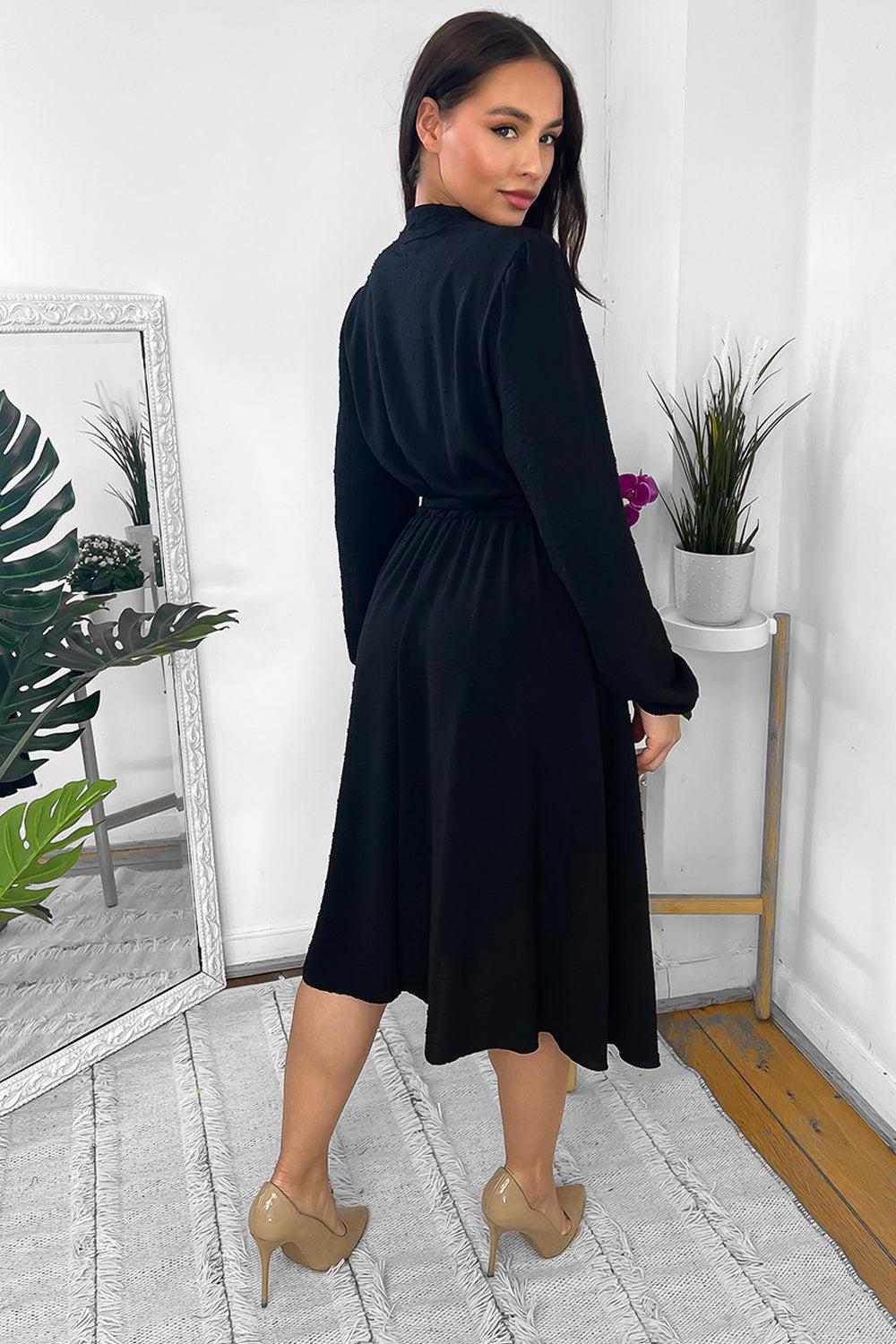 Pleated Details Dotted High Neck Midi Dress-SinglePrice