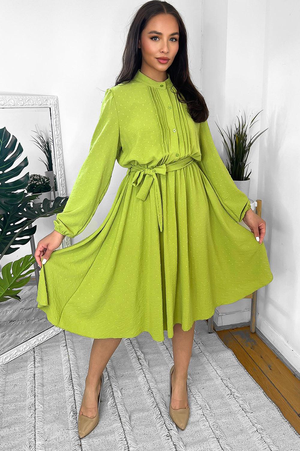 Pleated Details Dotted High Neck Midi Dress-SinglePrice