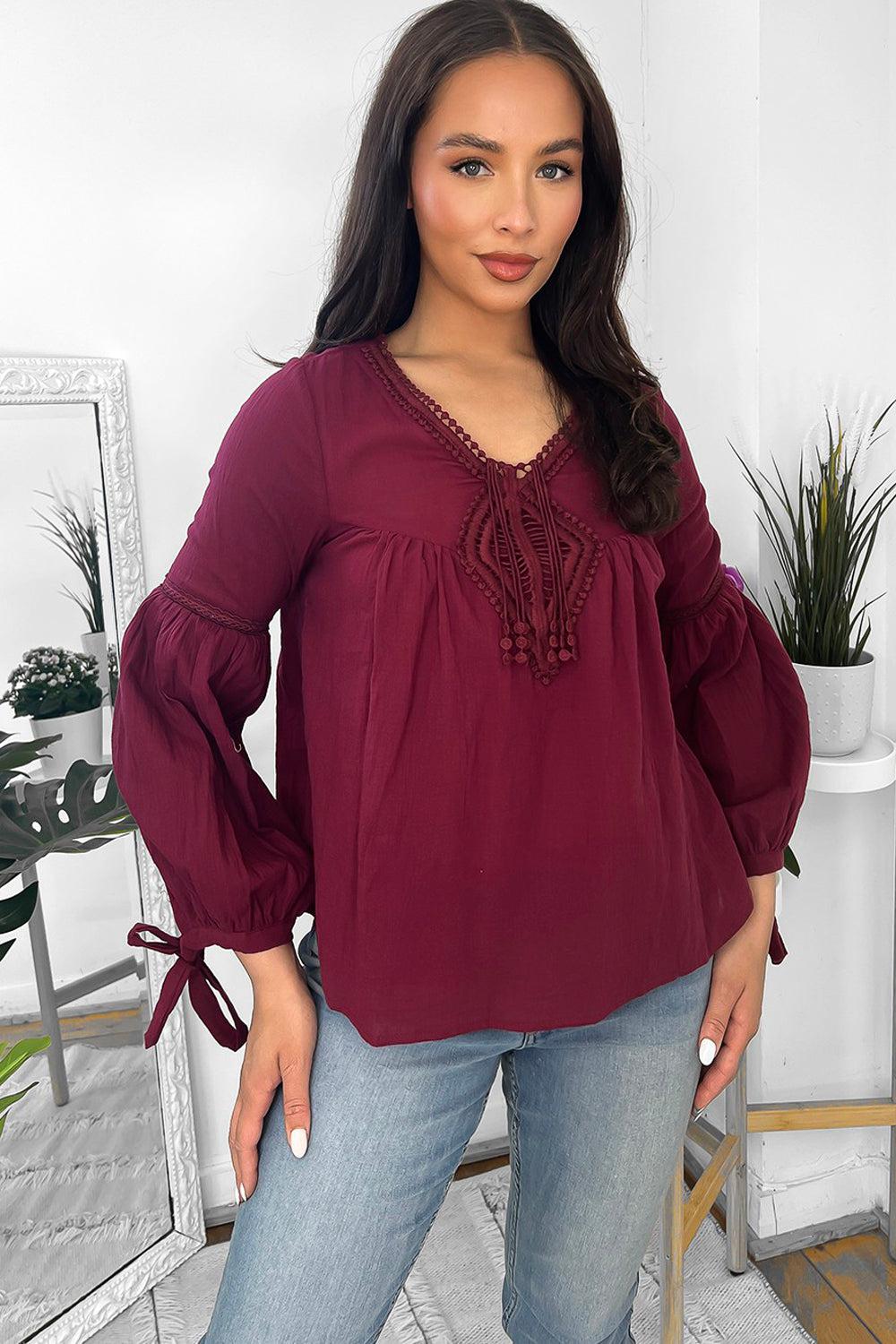 Burgundy 100% Cotton Crochet Details Blouse