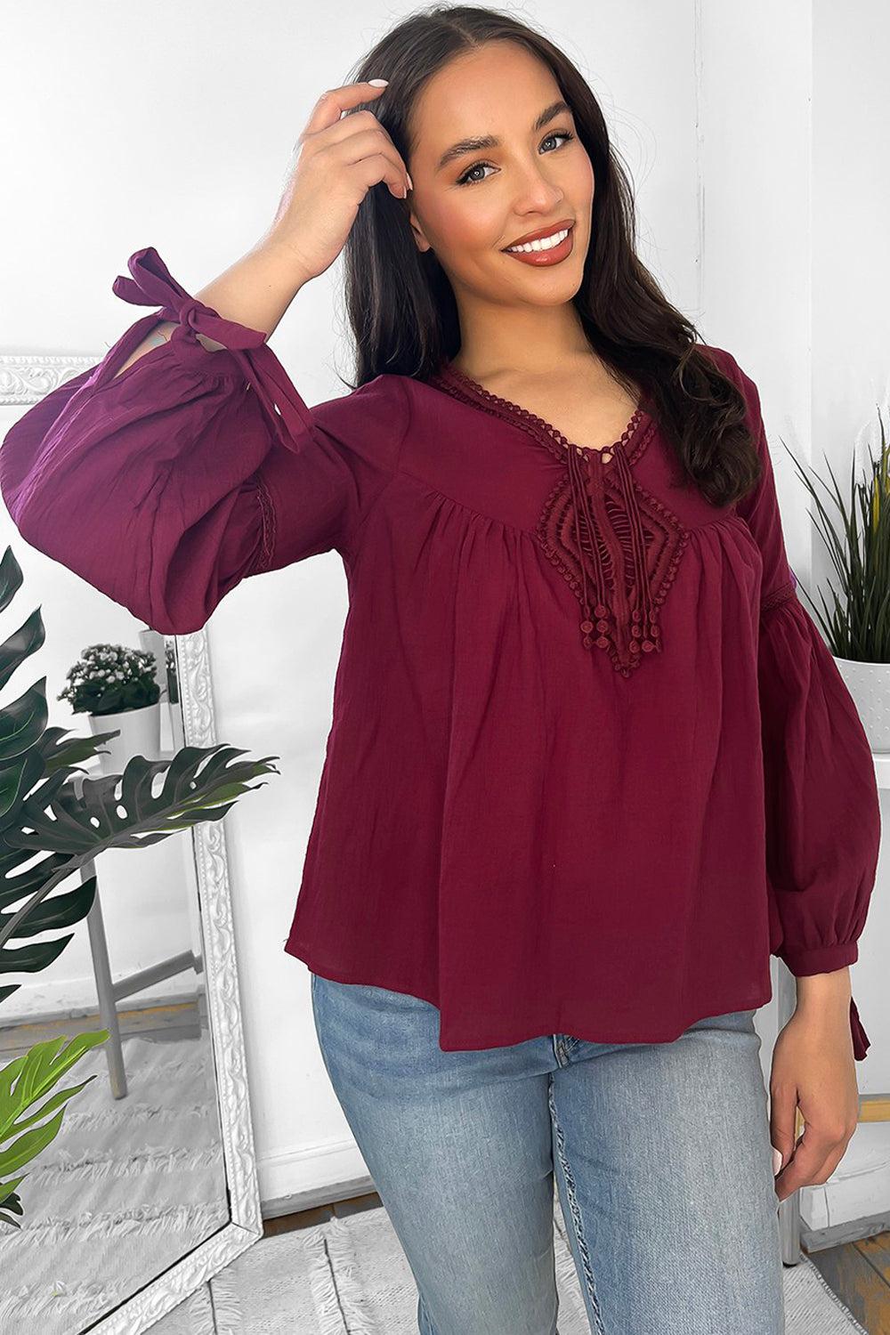 Burgundy 100% Cotton Crochet Details Blouse