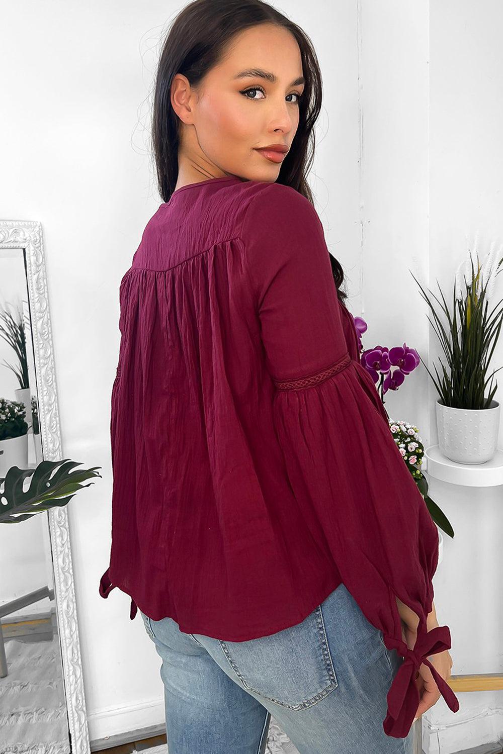 Burgundy 100% Cotton Crochet Details Blouse