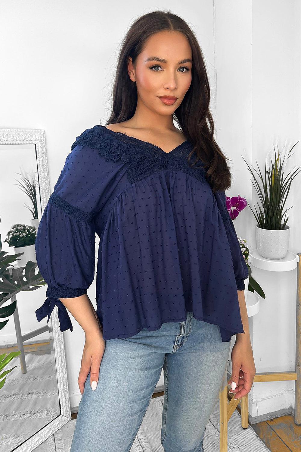Dark Blue Crochet Front Panel Blouse-SinglePrice