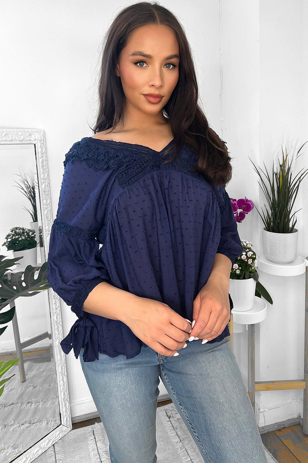 Dark Blue Crochet Front Panel Blouse-SinglePrice