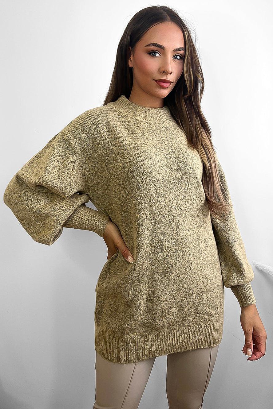 Bouckle Knit Lantern Sleeves High Neck Pullover-SinglePrice
