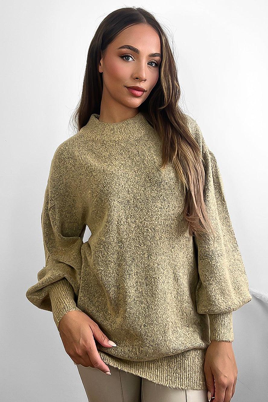 Bouckle Knit Lantern Sleeves High Neck Pullover-SinglePrice