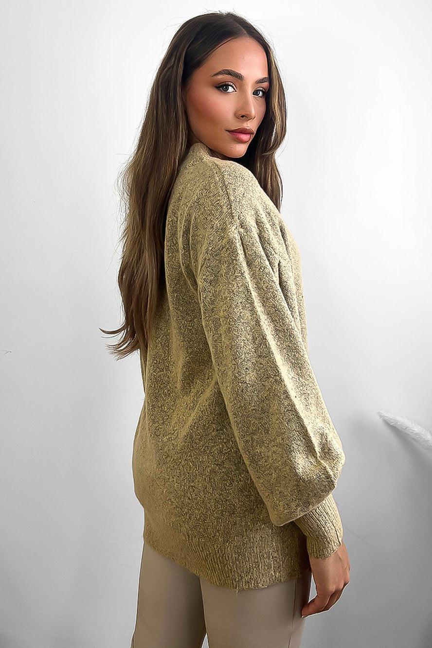 Bouckle Knit Lantern Sleeves High Neck Pullover-SinglePrice