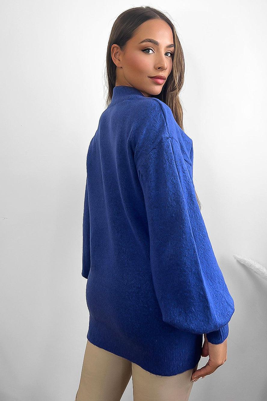 Bouckle Knit Lantern Sleeves High Neck Pullover-SinglePrice