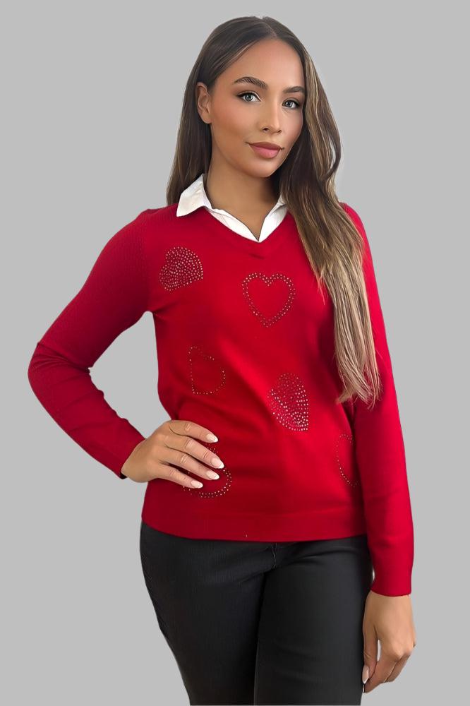 Crystal Hearts Embellishment Shirt Details Pullover-SinglePrice
