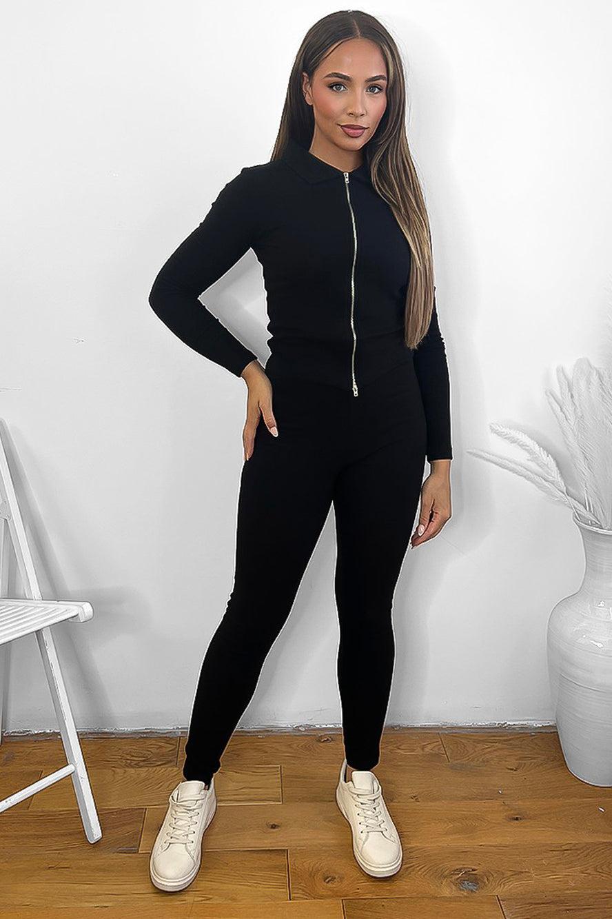 Exposed Zip Front Two Piece Set-SinglePrice