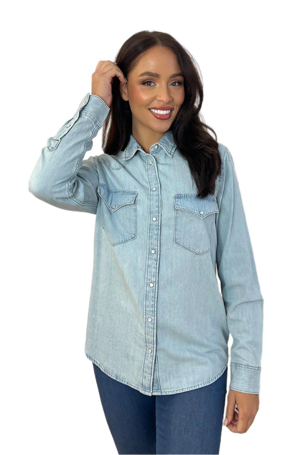 Chest Flap Pockets Classic Denim Shirt-SinglePrice