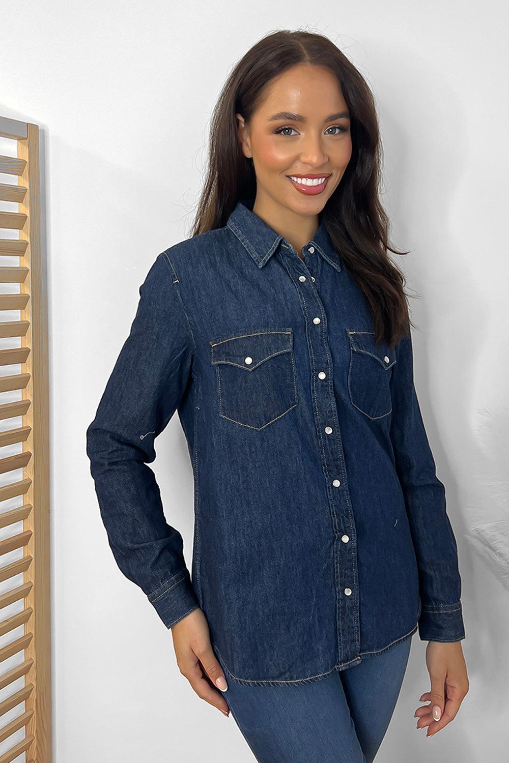Curved Hem Pearl Buttons Denim Shirt-SinglePrice