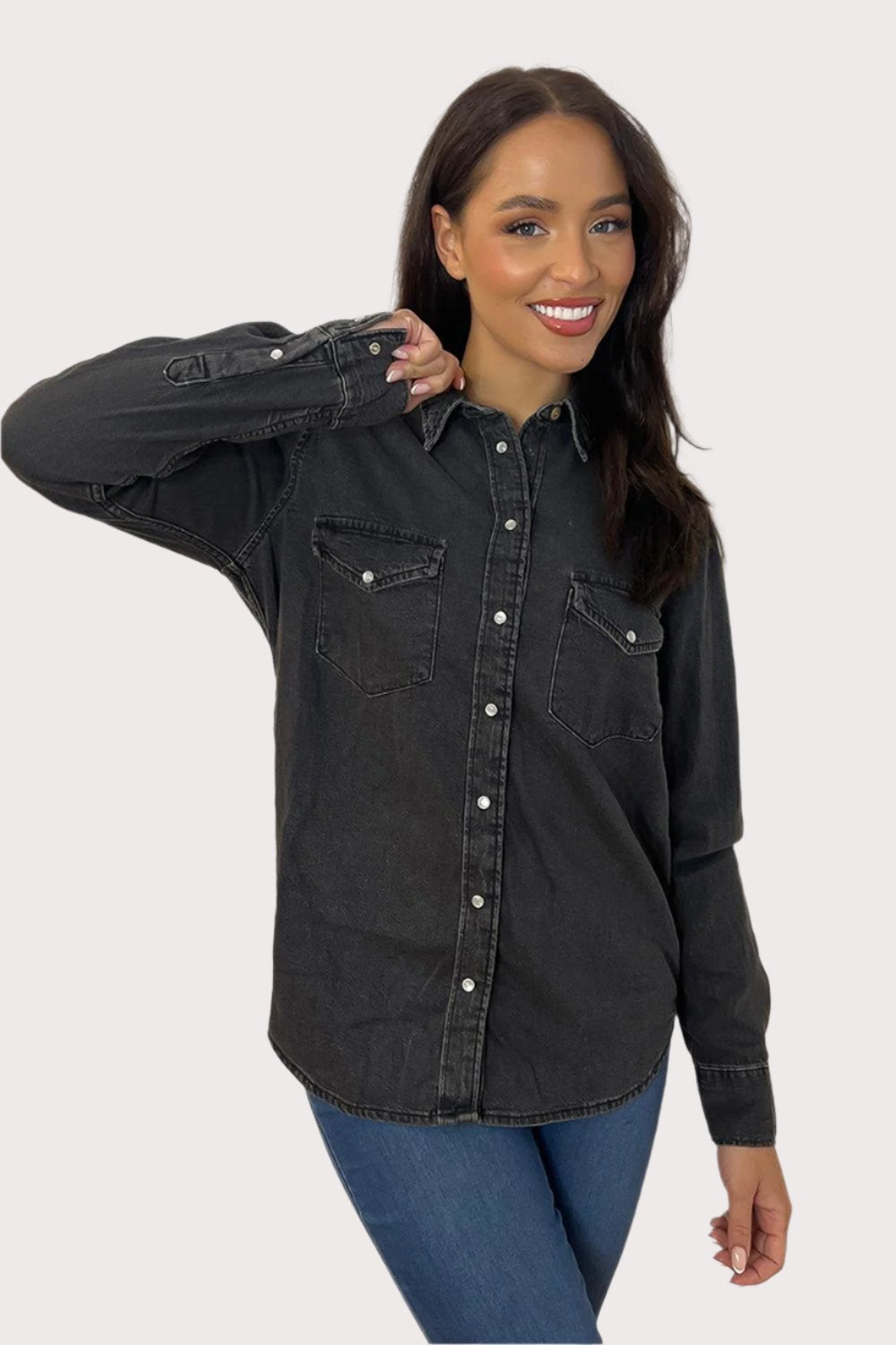 Curved Hem Pearl Buttons Denim Shirt-SinglePrice