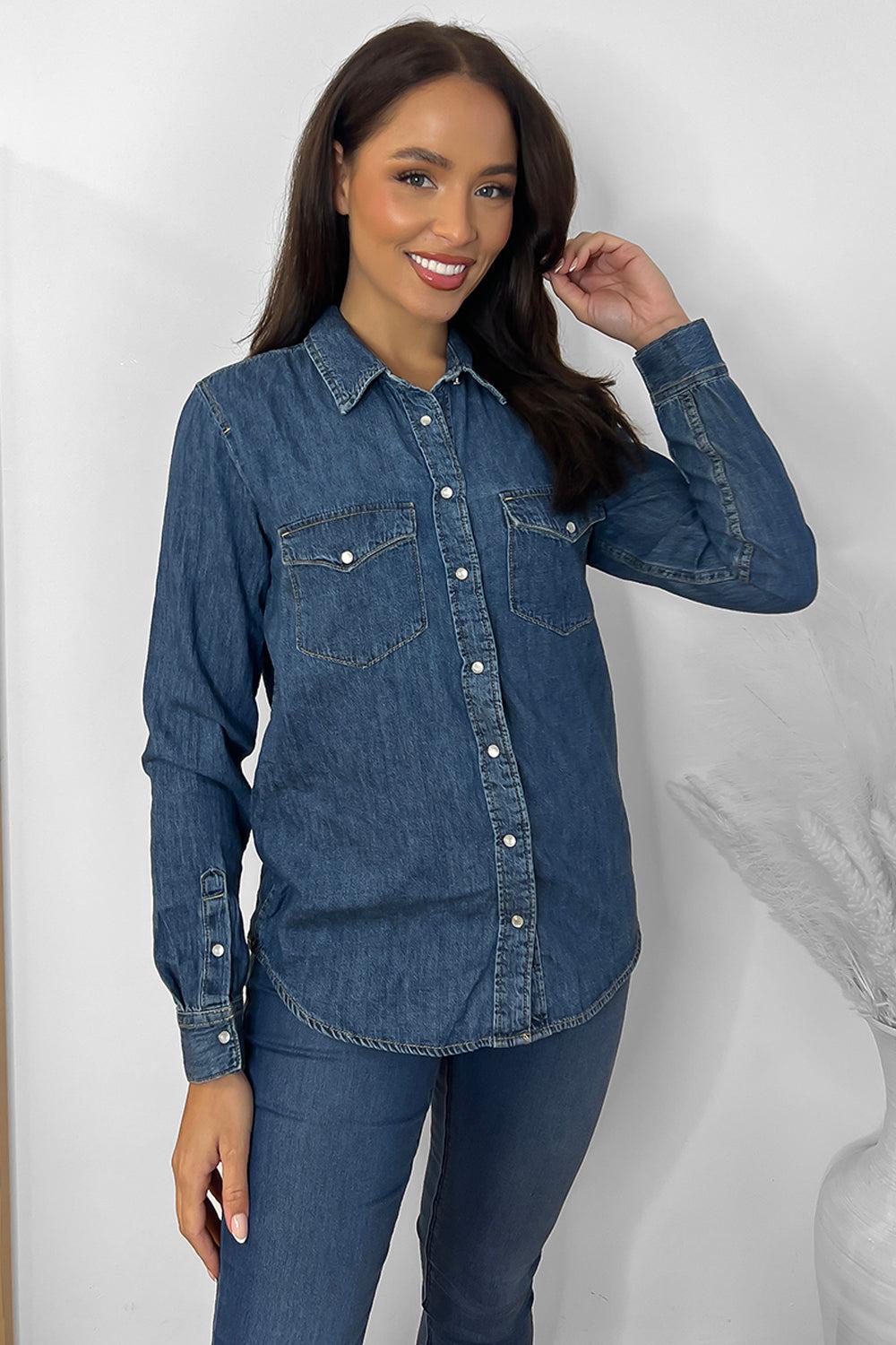 Curved Hem Pearl Buttons Denim Shirt-SinglePrice