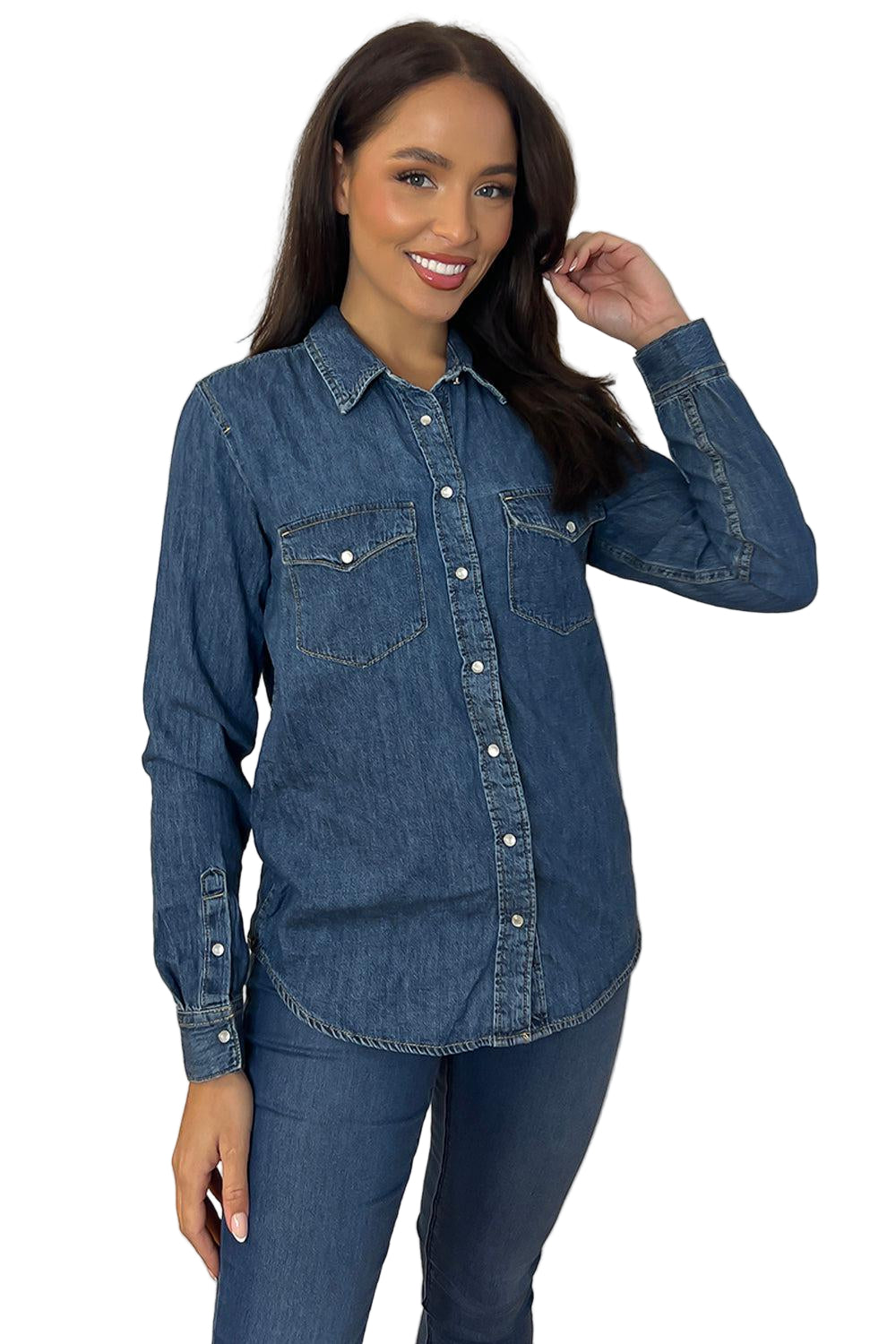 Curved Hem Pearl Buttons Denim Shirt-SinglePrice