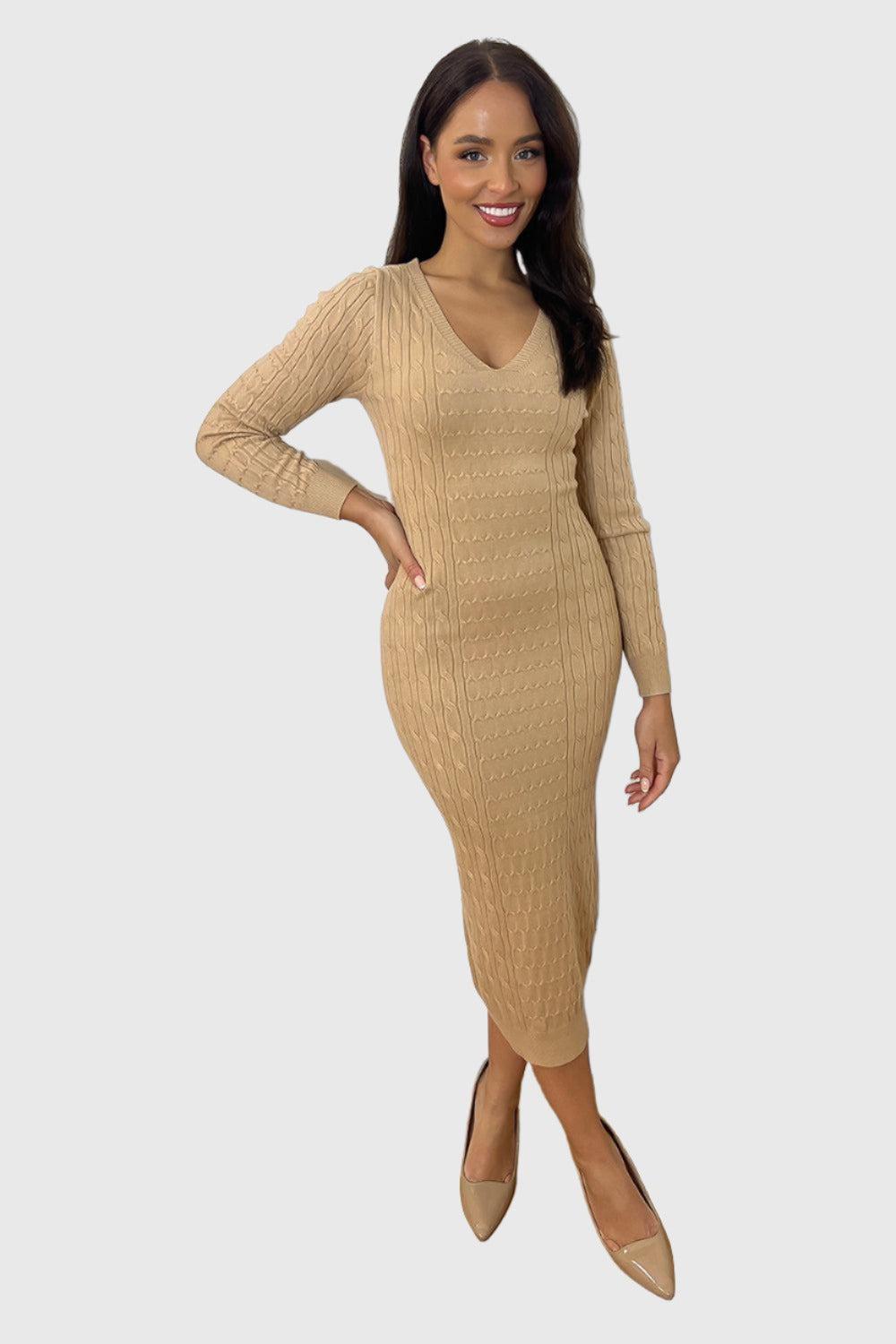 Shirred Knit Deep V-Neck Midi Knitted Dress-SinglePrice