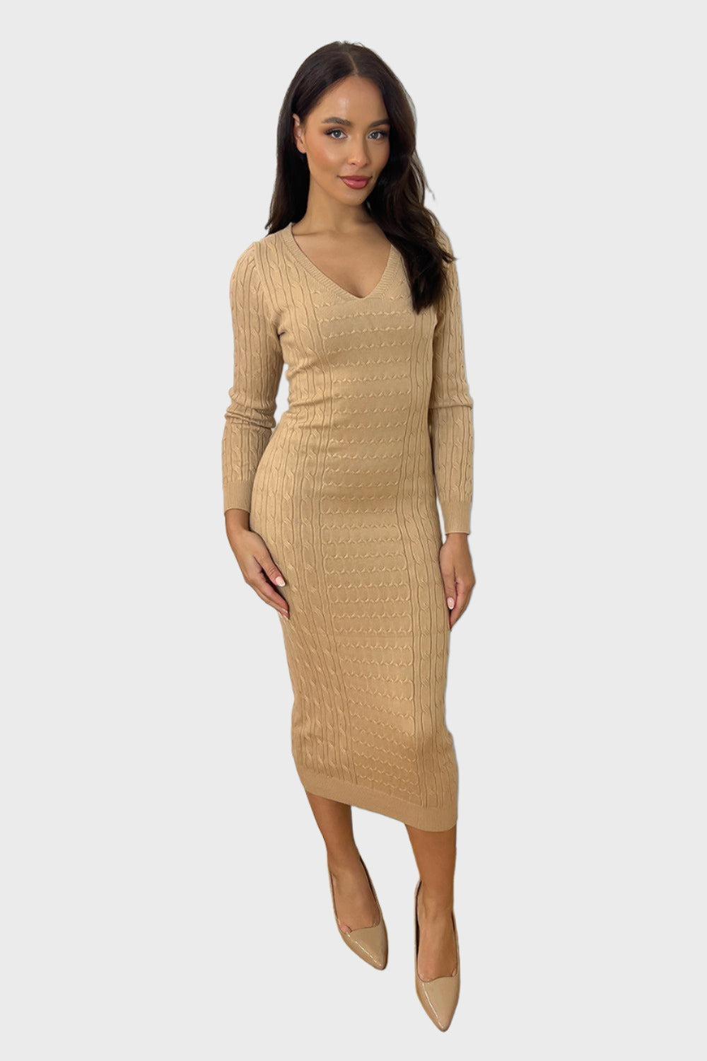 Shirred Knit Deep V-Neck Midi Knitted Dress-SinglePrice