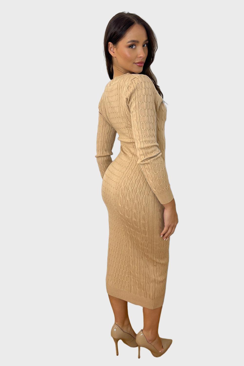 Shirred Knit Deep V-Neck Midi Knitted Dress-SinglePrice
