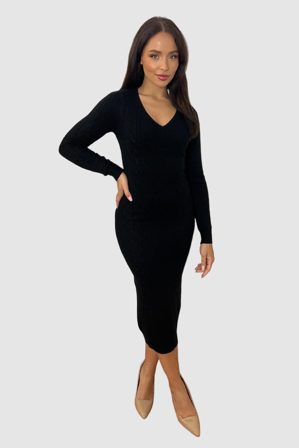 Shirred Knit Deep V-Neck Midi Knitted Dress-SinglePrice