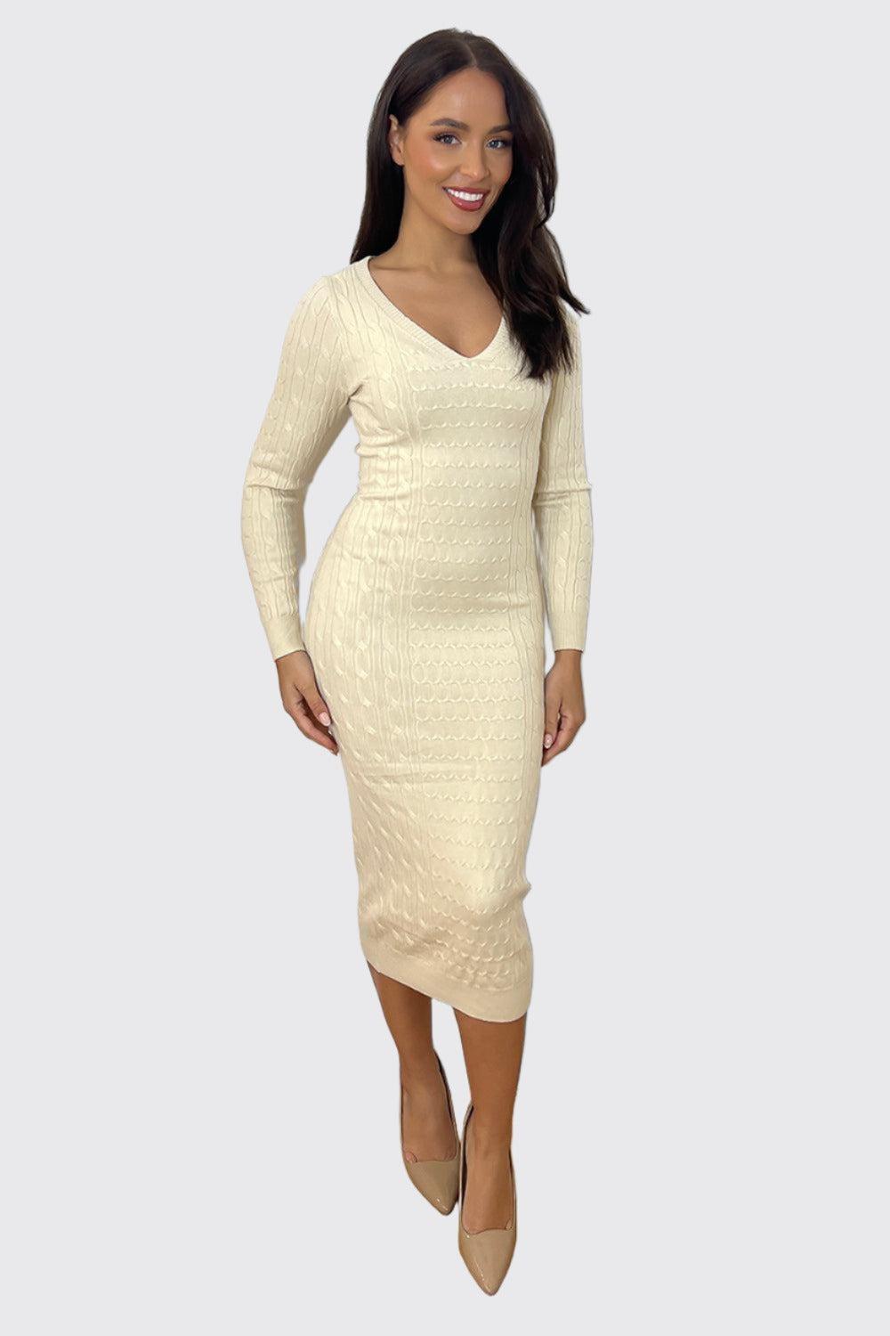 Shirred Knit Deep V-Neck Midi Knitted Dress-SinglePrice