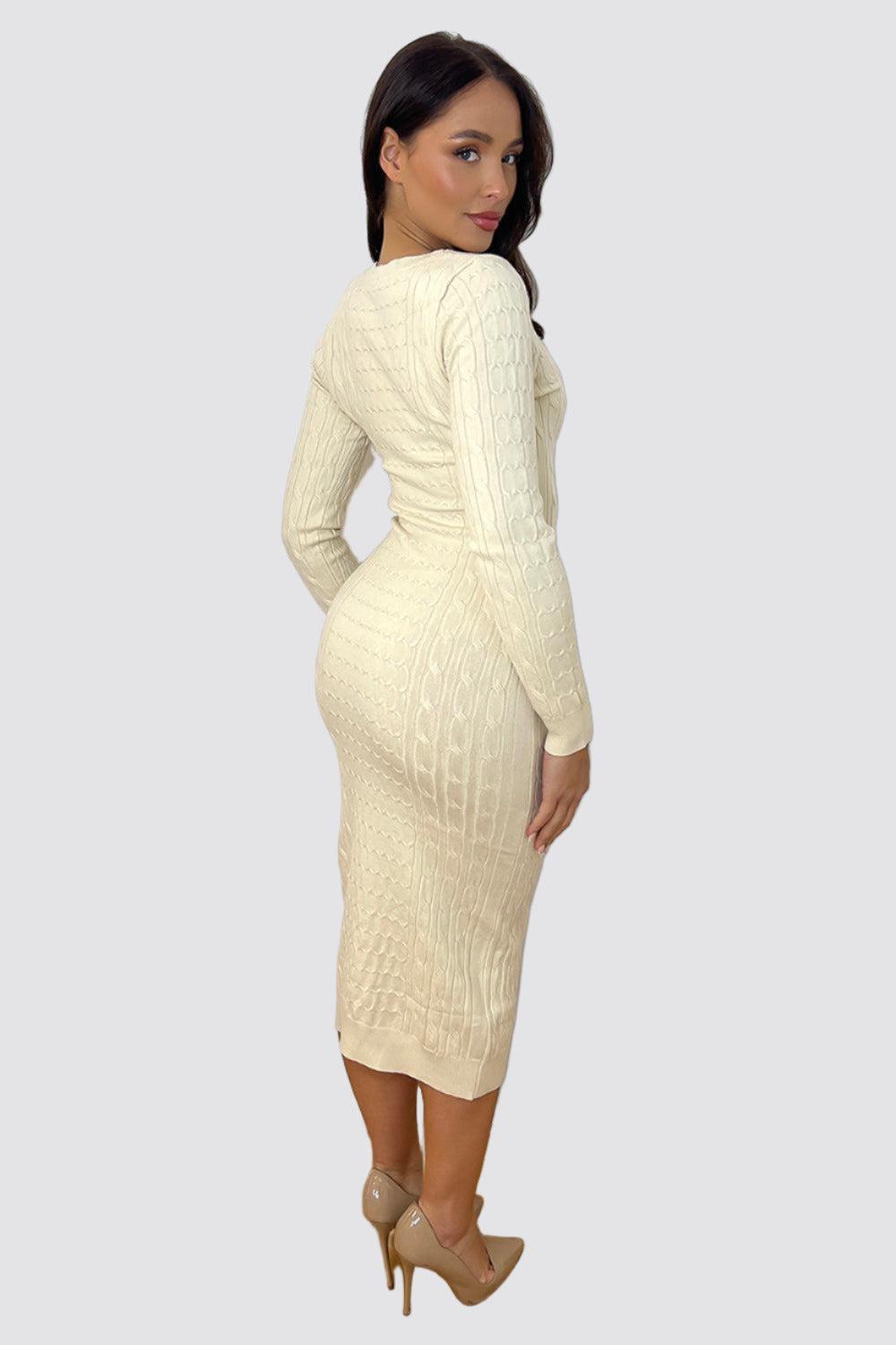 Shirred Knit Deep V-Neck Midi Knitted Dress-SinglePrice