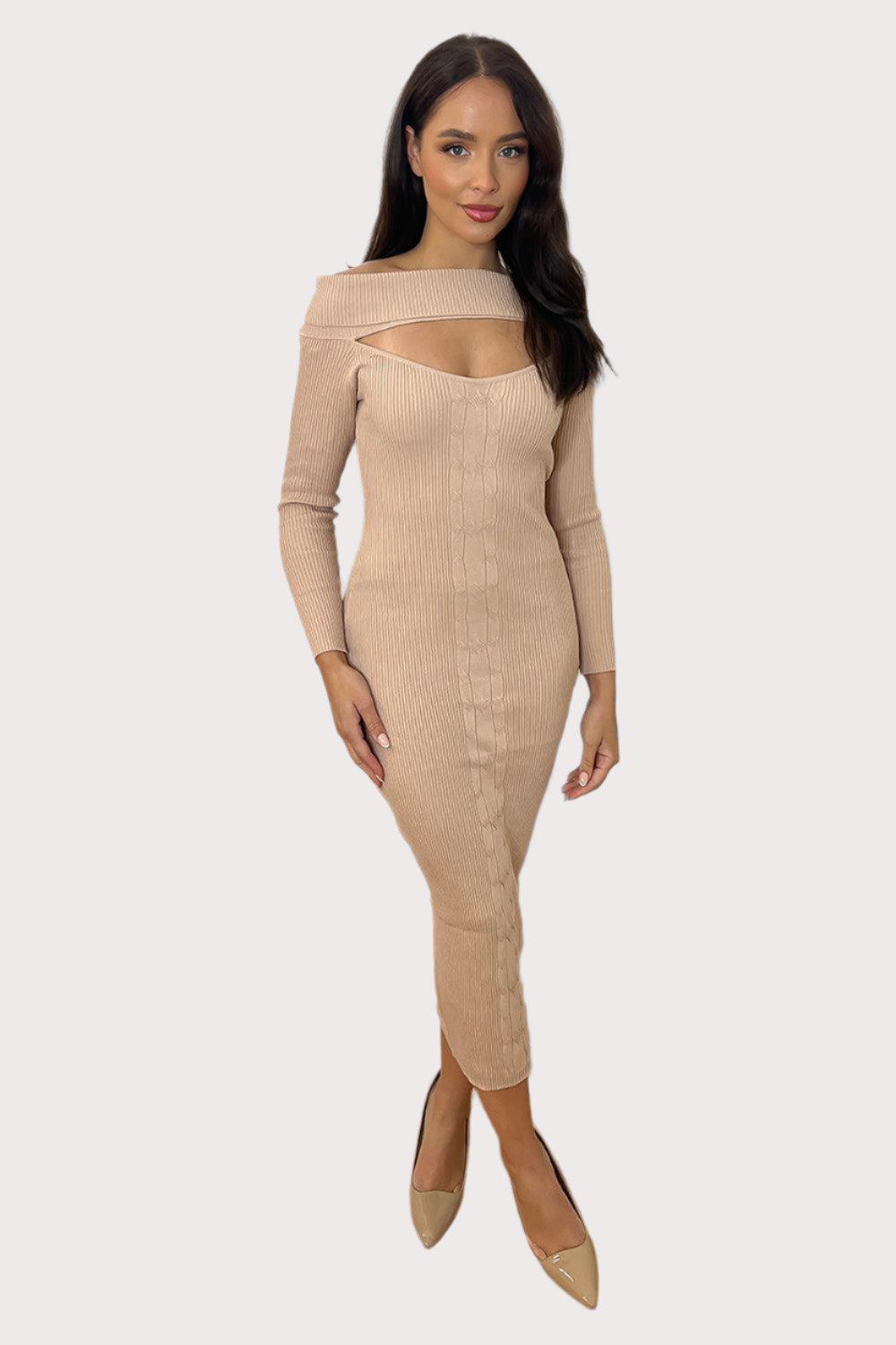 Loose Neck Cut Out Detail Knitted Midi Dress-SinglePrice
