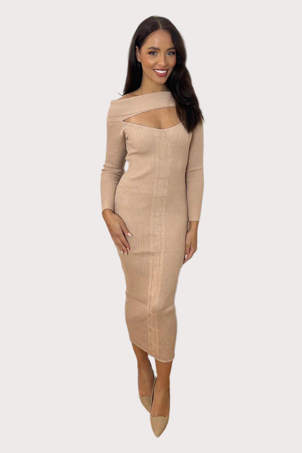 Loose Neck Cut Out Detail Knitted Midi Dress-SinglePrice