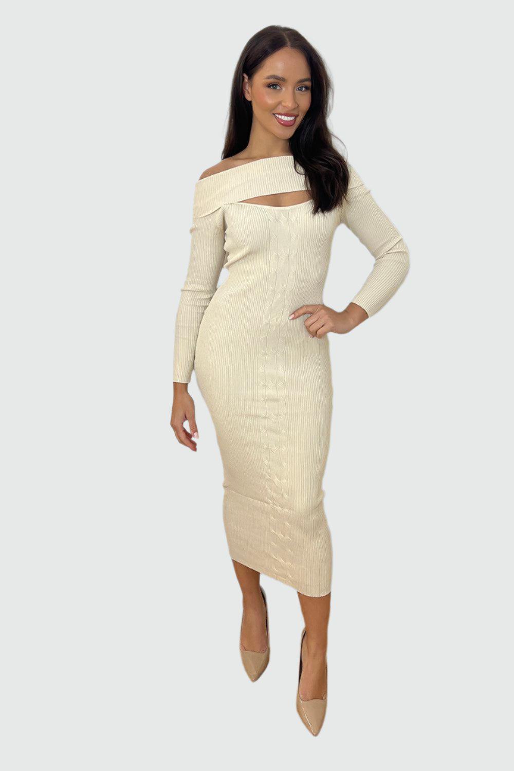 Loose Neck Cut Out Detail Knitted Midi Dress-SinglePrice