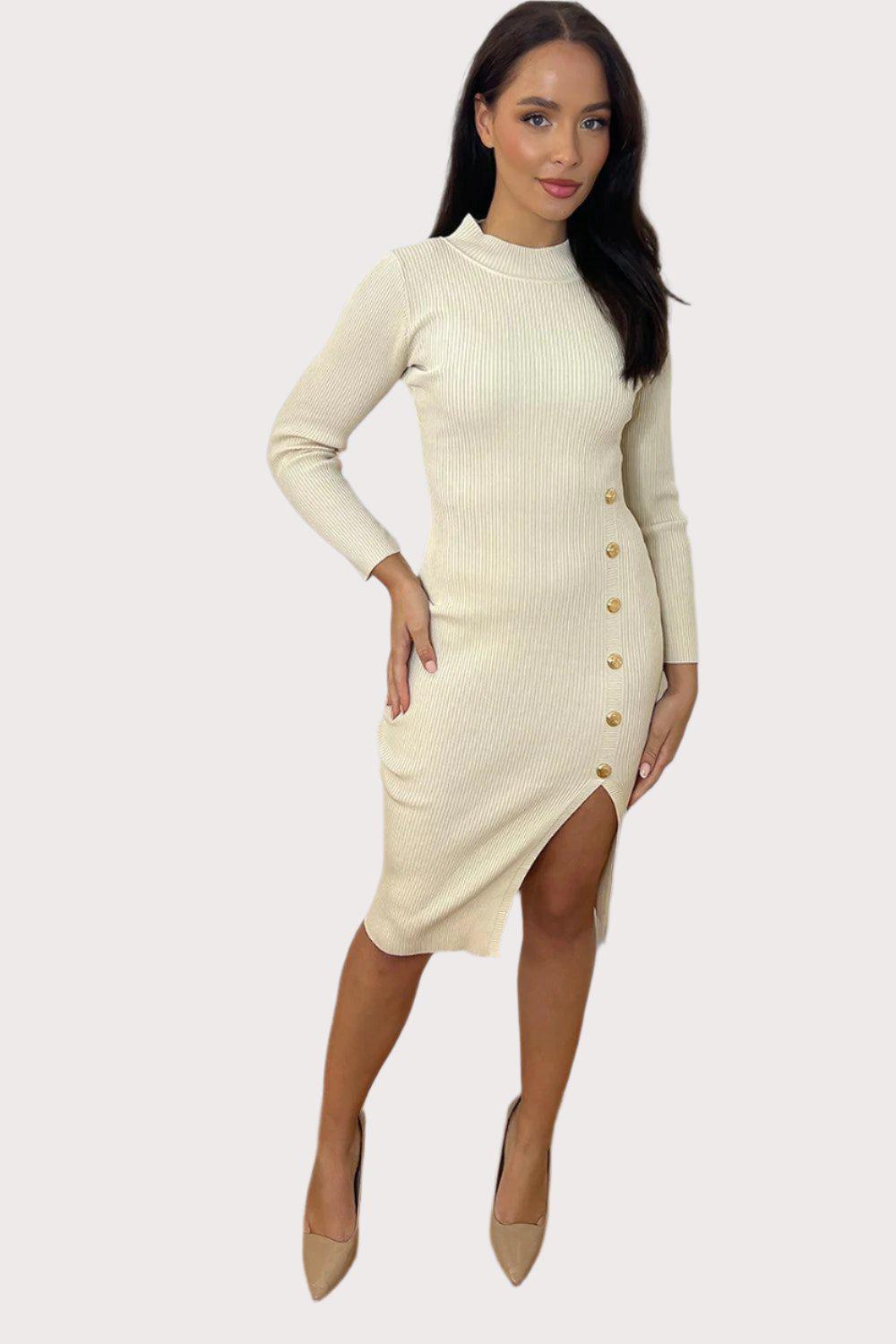 Split Button Detail High Neck Knitted Dress-SinglePrice