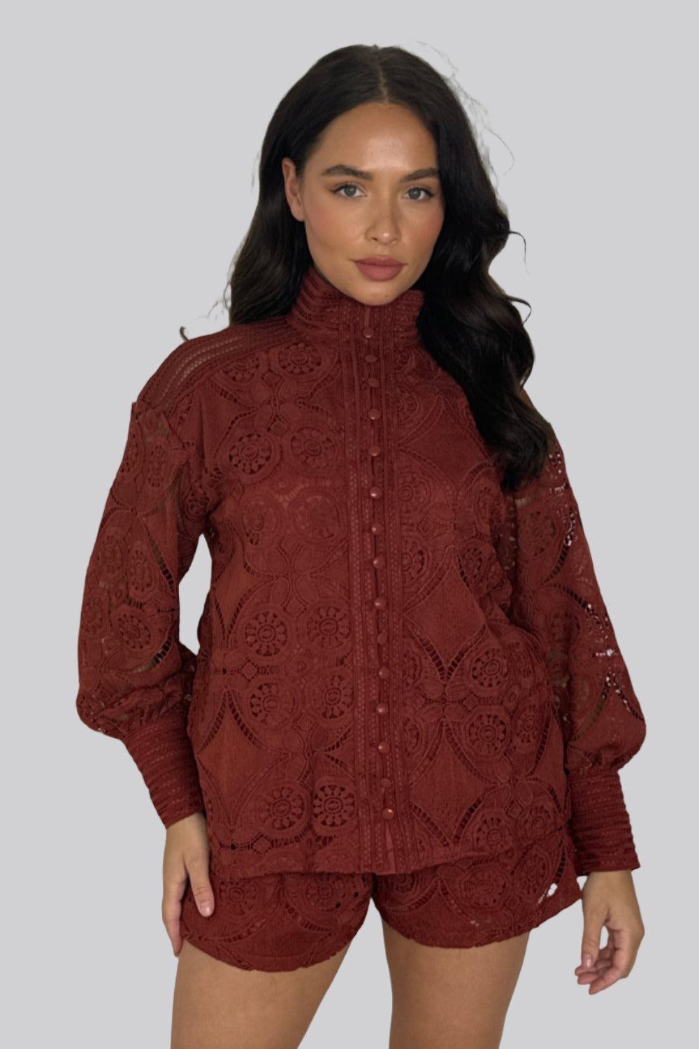 High Neck Crochet Blouse And Shorts Co-ord Set-SinglePrice