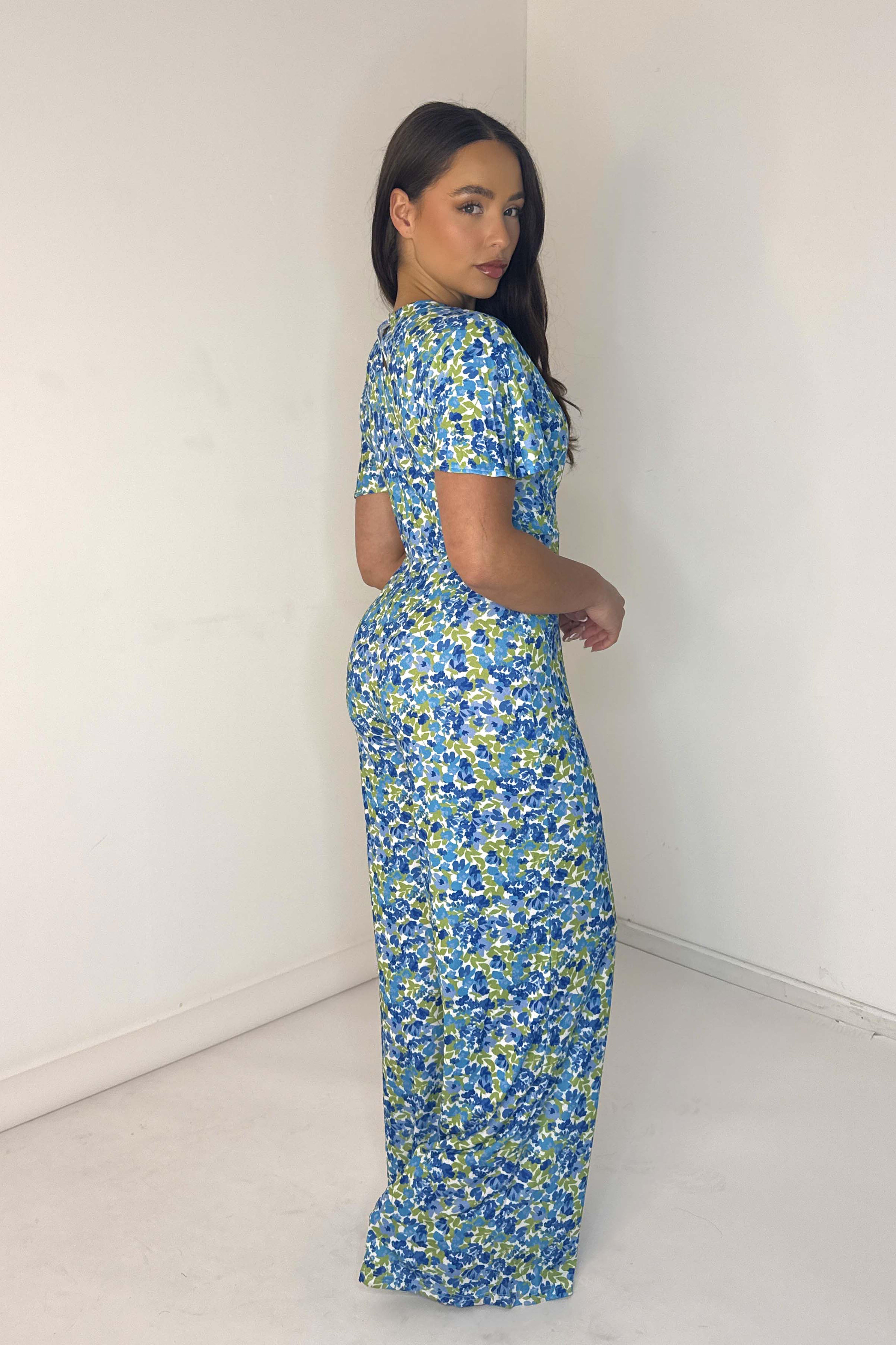 Floral Print Low Cut Neck Empire Waist Wide Extra Long Leg Jumpsuit