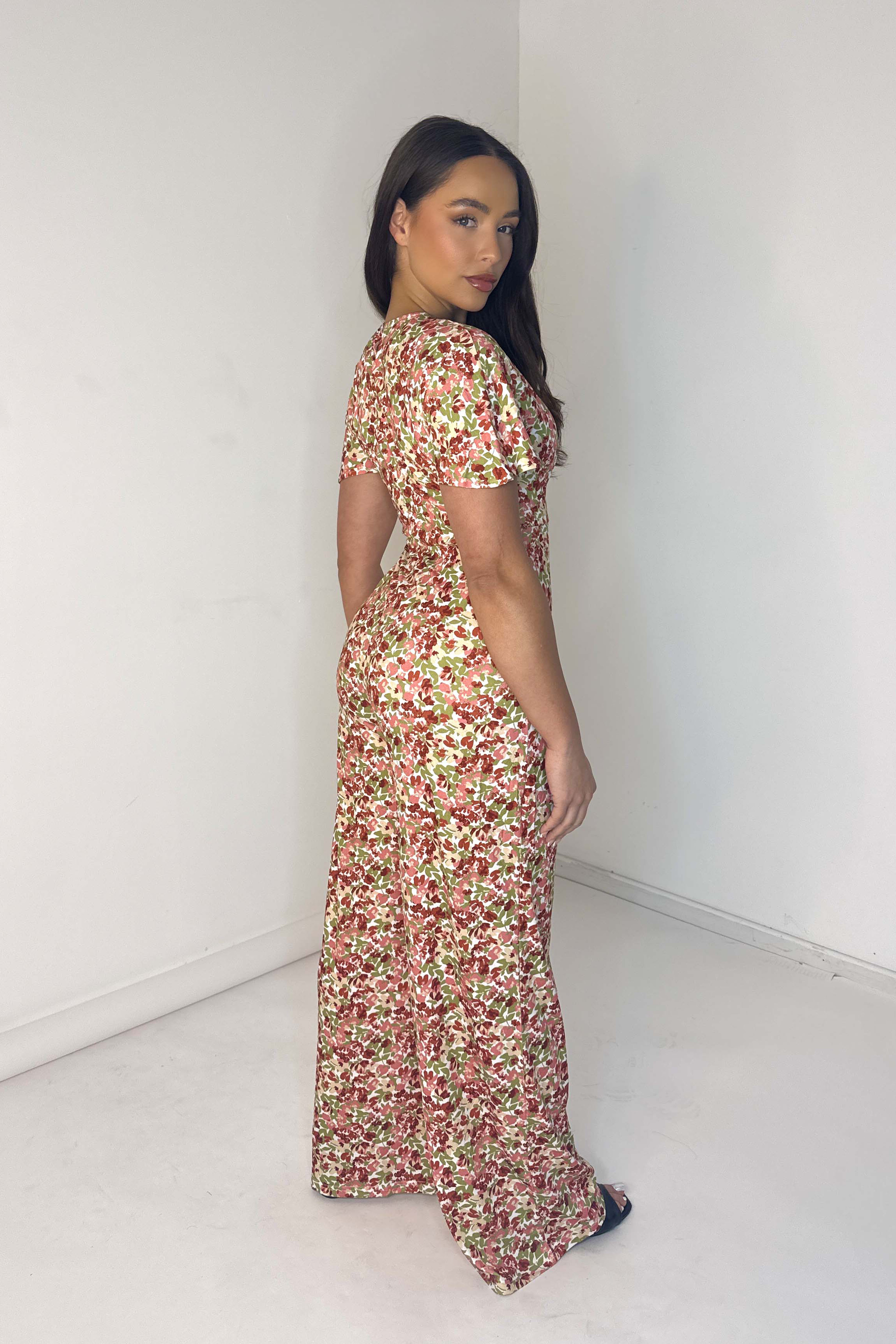 Floral Print Low Cut Neck Empire Waist Wide Extra Long Leg Jumpsuit