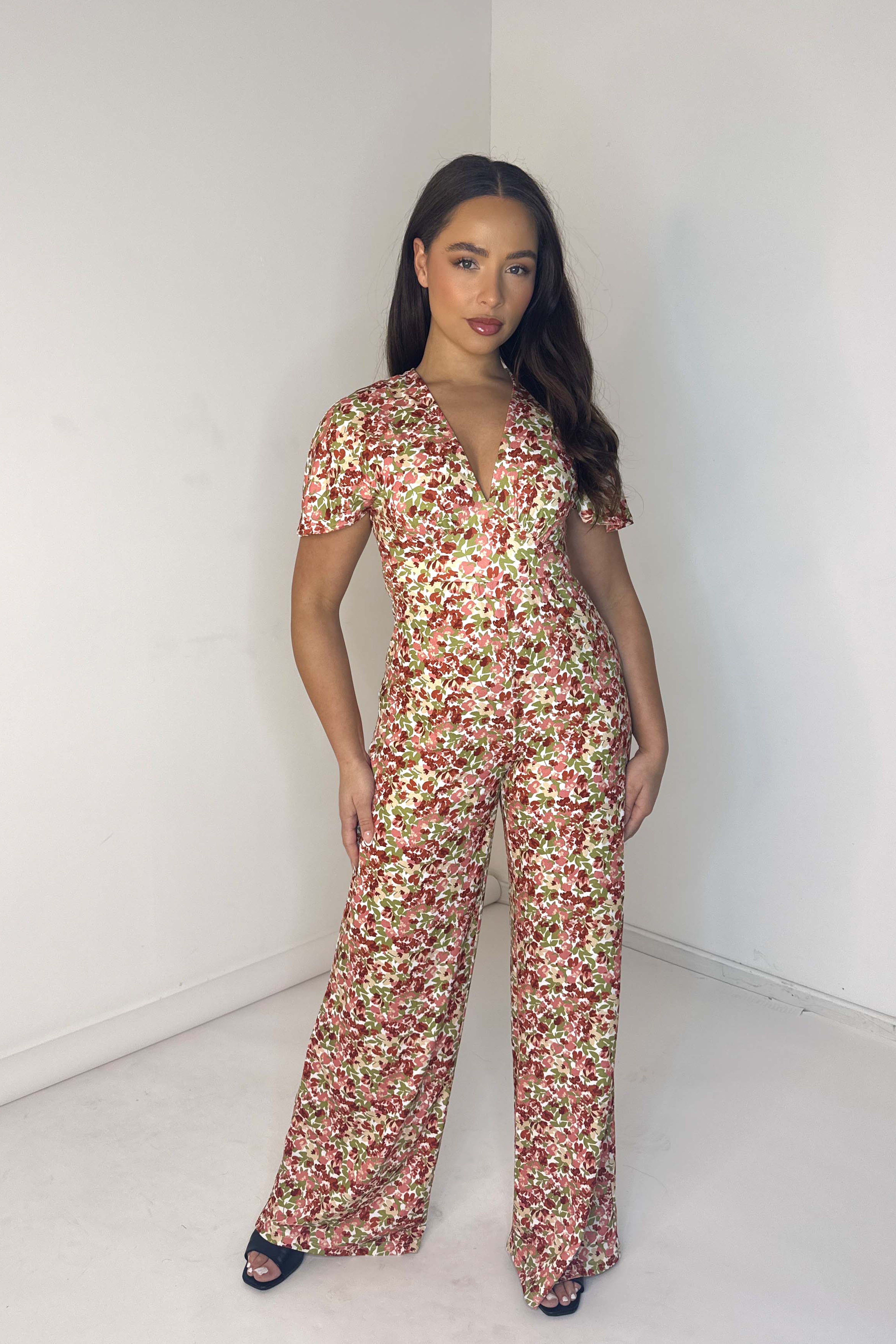 Floral Print Low Cut Neck Empire Waist Wide Extra Long Leg Jumpsuit