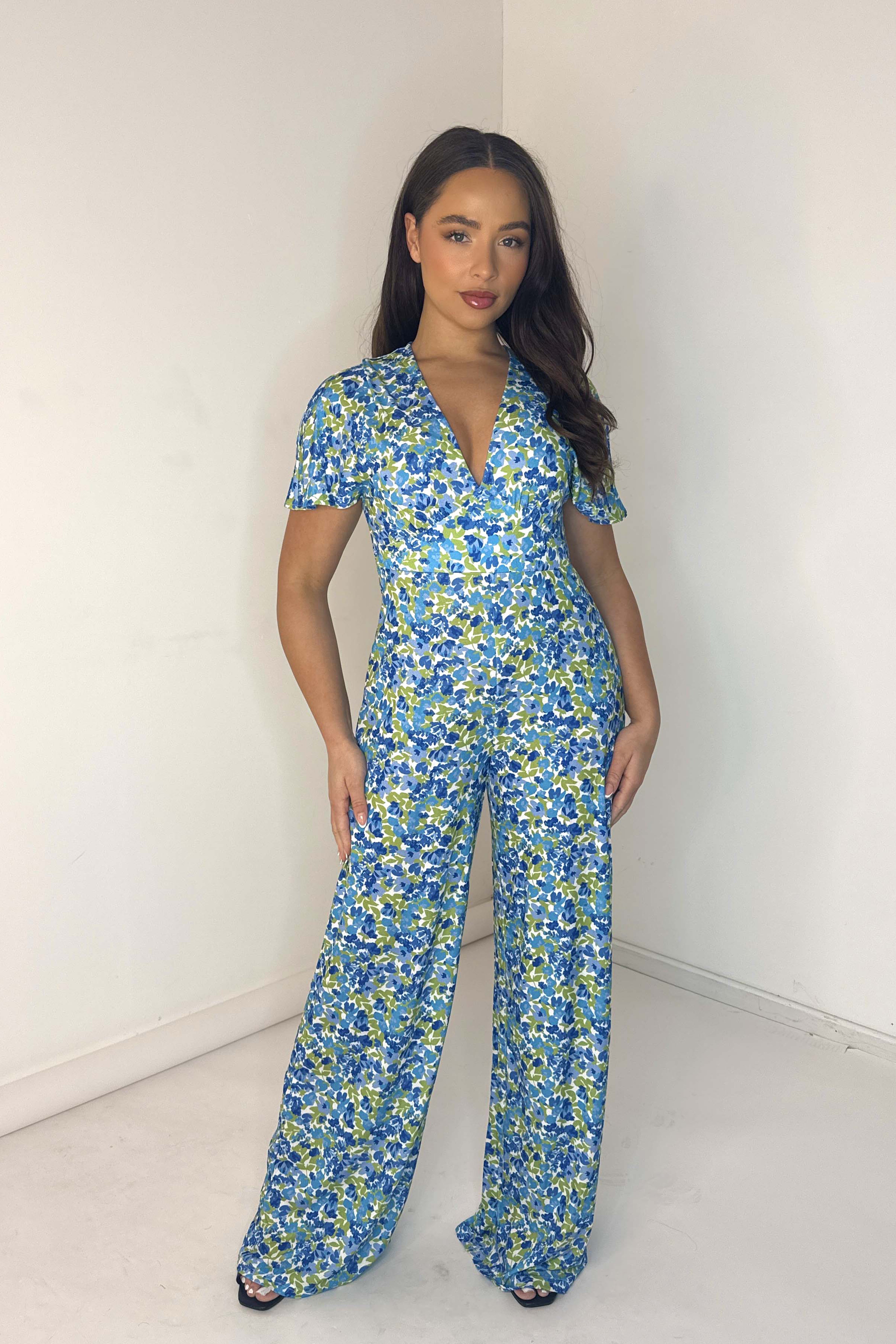 Floral Print Low Cut Neck Empire Waist Wide Extra Long Leg Jumpsuit