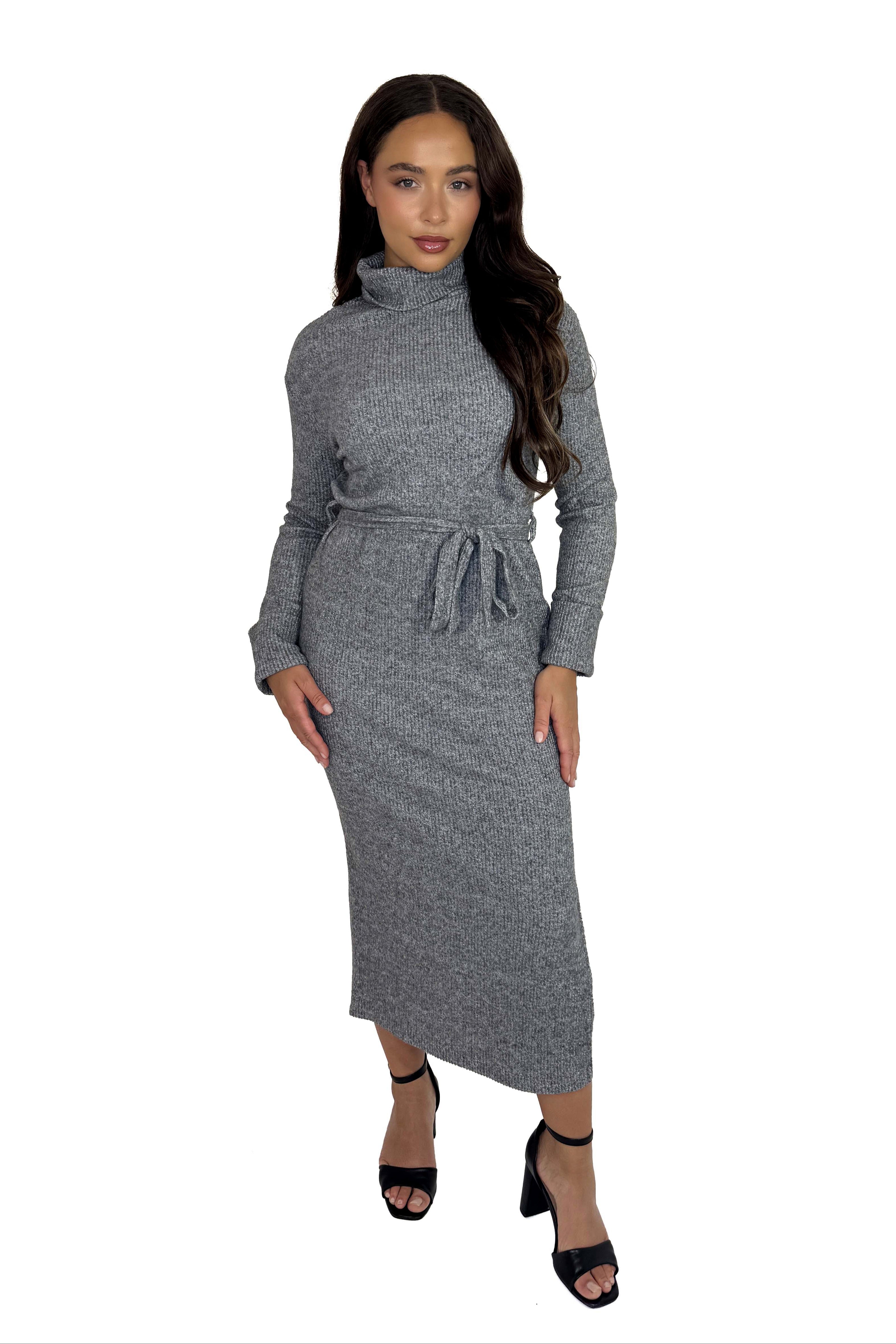 Tie Up Turtle Neck Ribbed Knit Maxi Dress