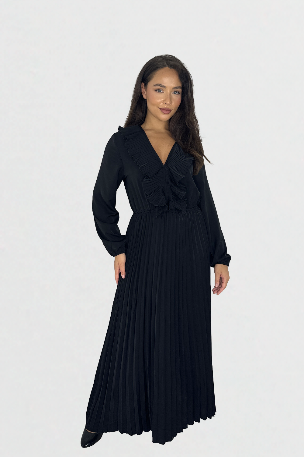 Wholesale Women's Long Sleeve Low Cut Elasticated Waist Plisse Long Dress (PACK OF 6)