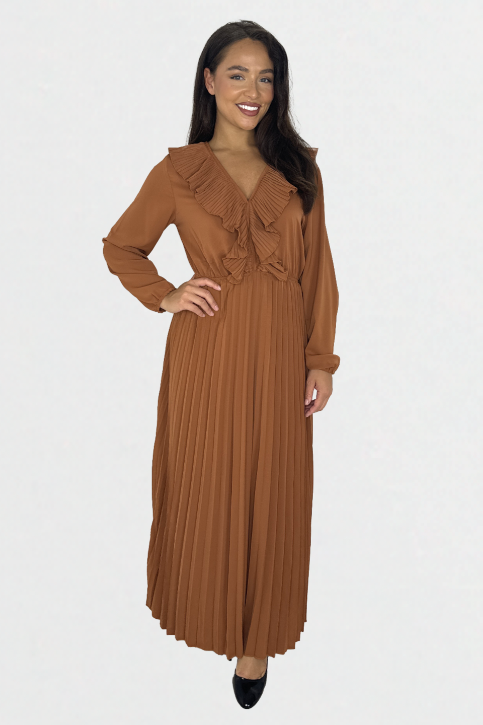 Wholesale Women's Long Sleeve Low Cut Elasticated Waist Plisse Long Dress (PACK OF 6)