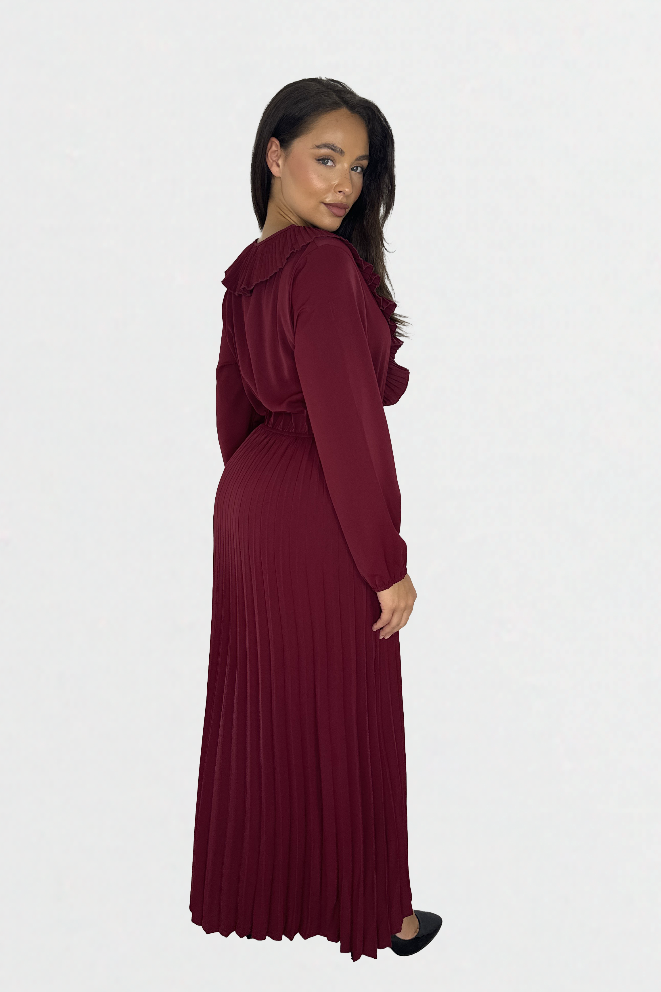 Wholesale Women's Long Sleeve Low Cut Elasticated Waist Plisse Long Dress (PACK OF 6)