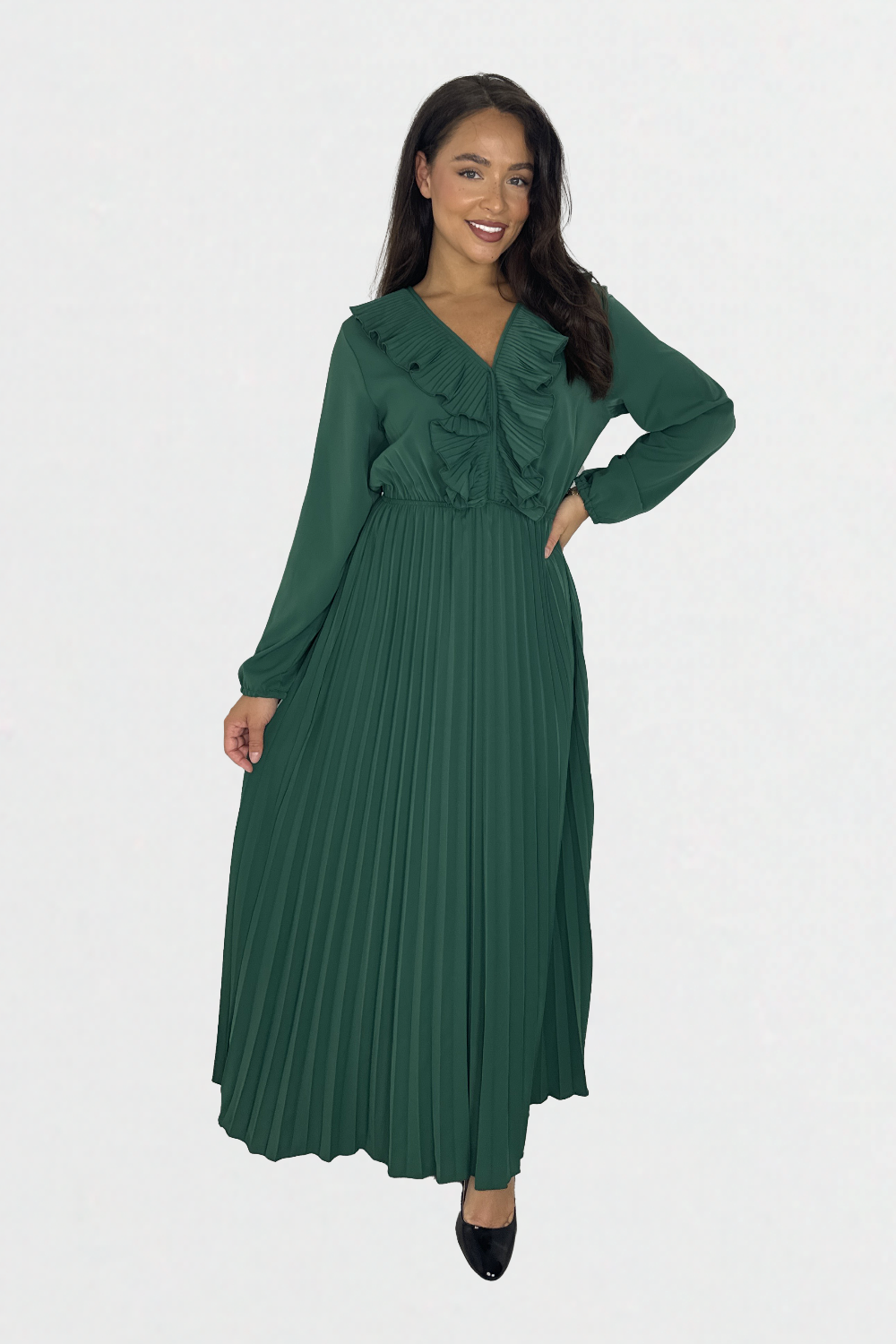 Wholesale Women's Long Sleeve Low Cut Elasticated Waist Plisse Long Dress (PACK OF 6)
